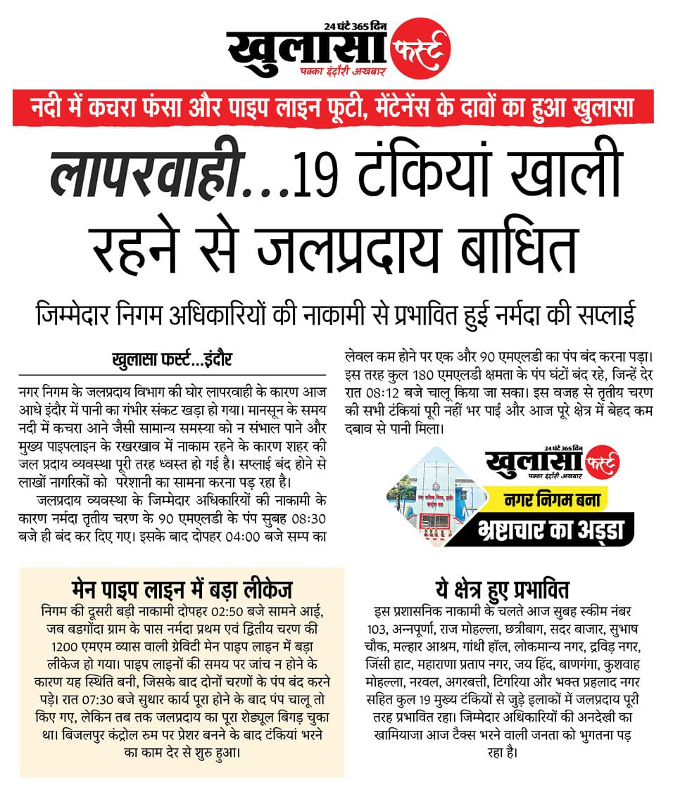 लापरवाही…19 टंकियां खाली रहने से जलप्रदाय बाधित