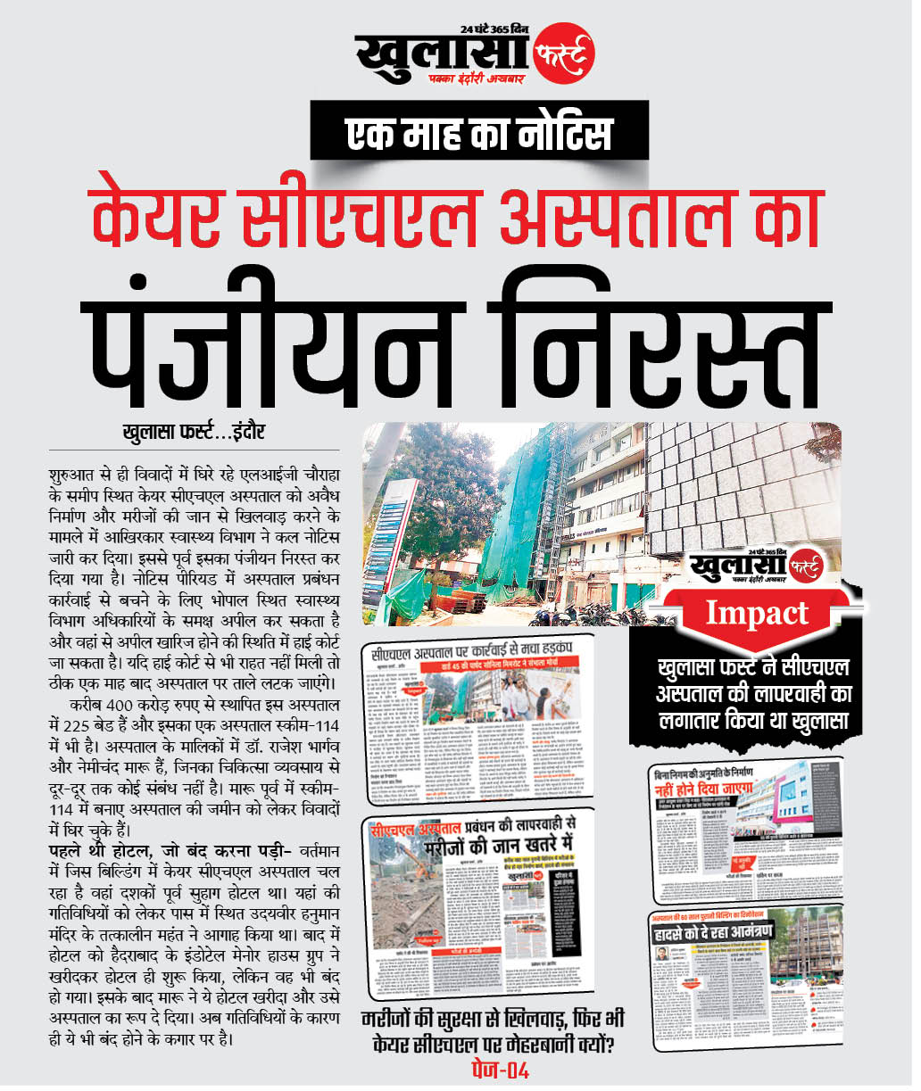 केयर सीएचएल अस्पताल का पंजीयन निरस्त